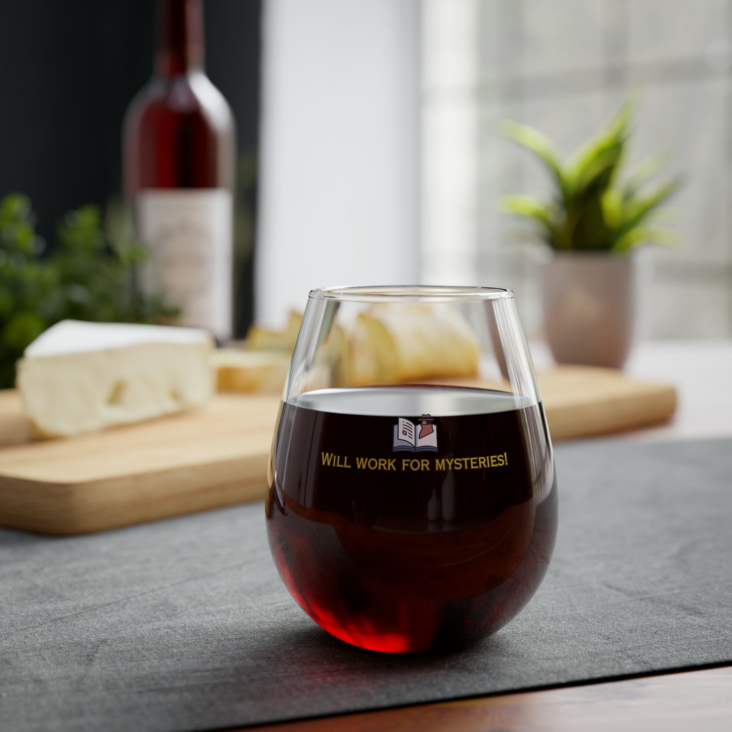 Will Work for Mysteries -- Stemless Wine Glass, 11.75oz